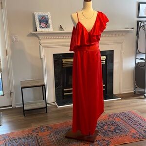 Asymmetrical belted jumpsuit (red satin with full length pant legs)